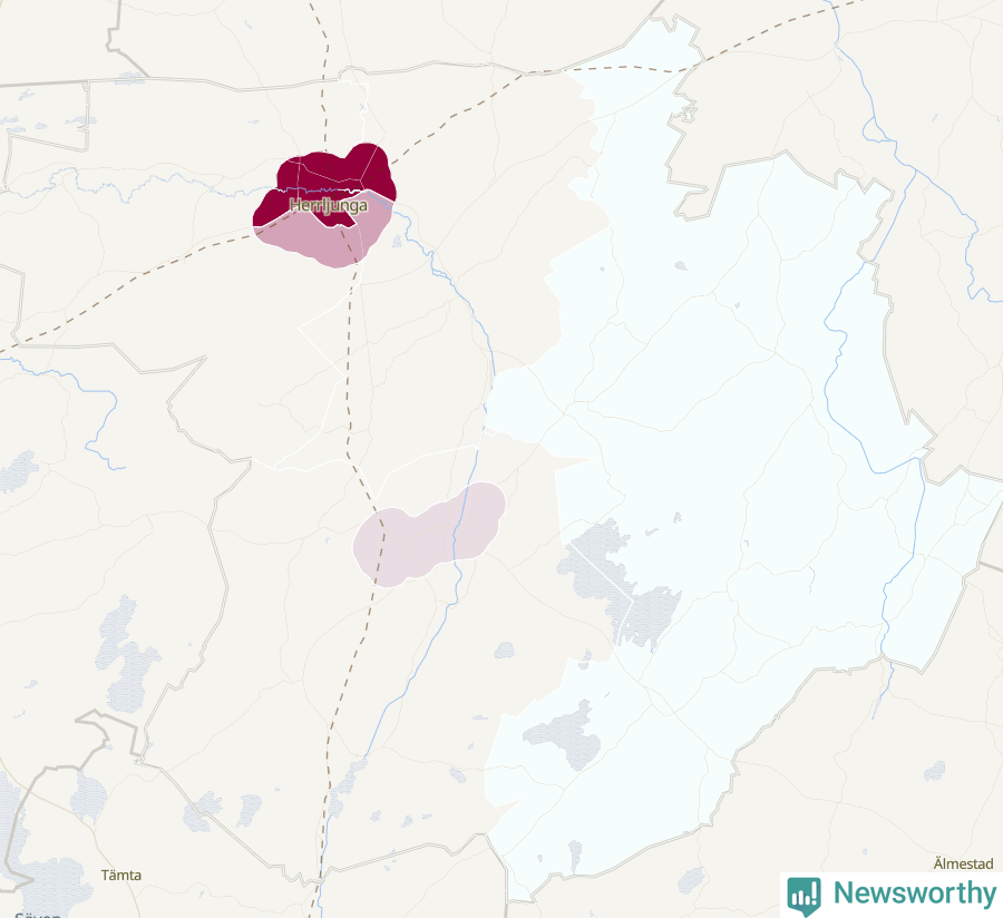 Karta som visar antalet cykelstölder i olika delar av Herrljunga kommun, även i tabell nedan