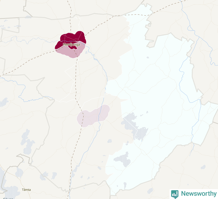 Karta som visar antalet cykelstölder i olika delar av Herrljunga kommun, även i tabell nedan