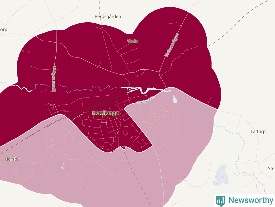 Karta som visar antalet cykelstölder i olika delar av Herrljunga, se tabell ovan