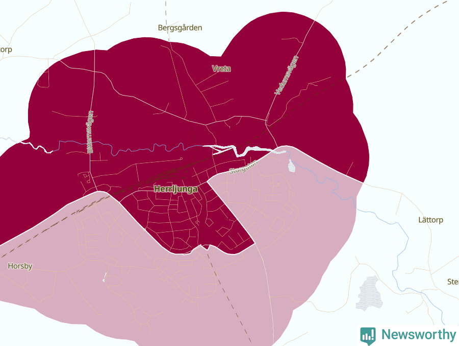 Karta som visar antalet cykelstölder i olika delar av Herrljunga, se tabell ovan
