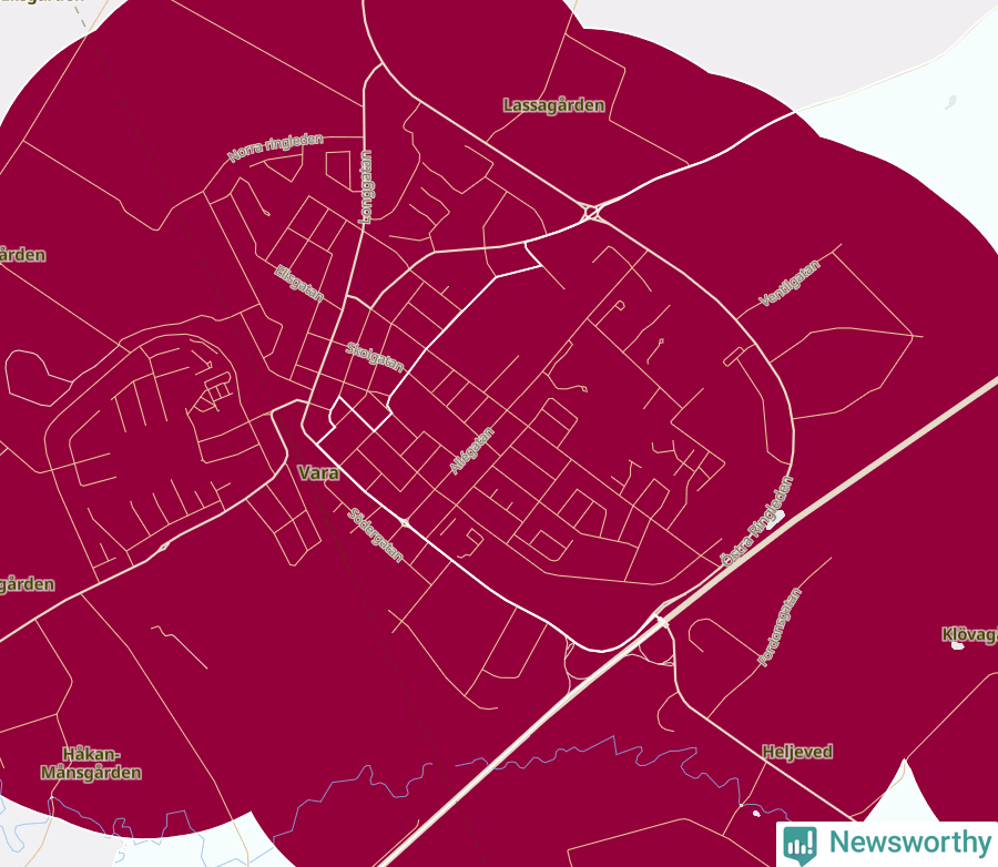 Karta som visar antalet cykelstölder i olika delar av Vara, se tabell ovan