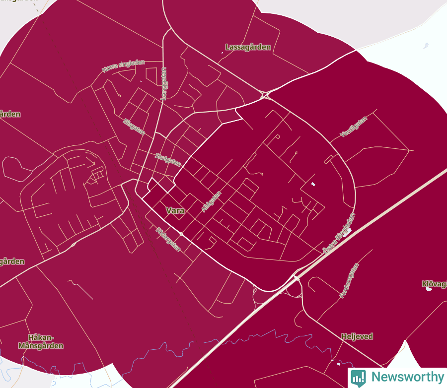Karta som visar antalet cykelstölder i olika delar av Vara, se tabell ovan