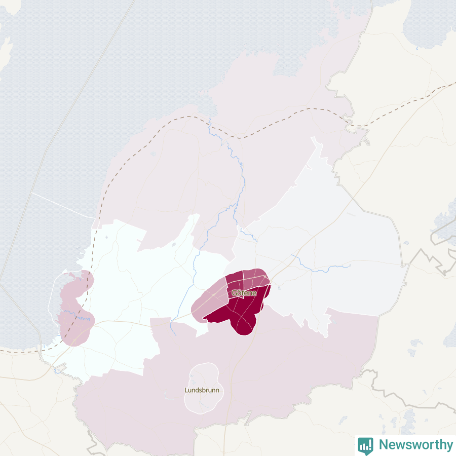 Karta som visar antalet cykelstölder i olika delar av Götene kommun, även i tabell nedan