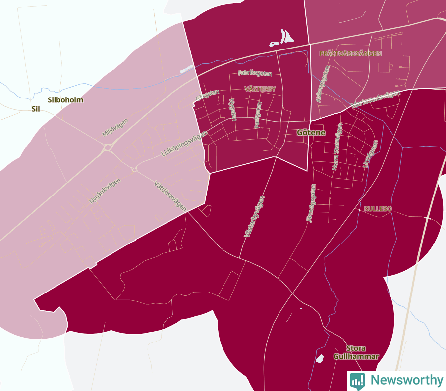 Karta som visar antalet cykelstölder i olika delar av Götene, se tabell ovan