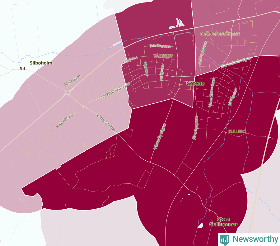 Karta som visar antalet cykelstölder i olika delar av Götene, se tabell ovan