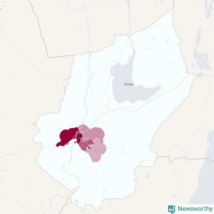 Karta som visar antalet cykelstölder i olika delar av Tibro kommun, även i tabell nedan