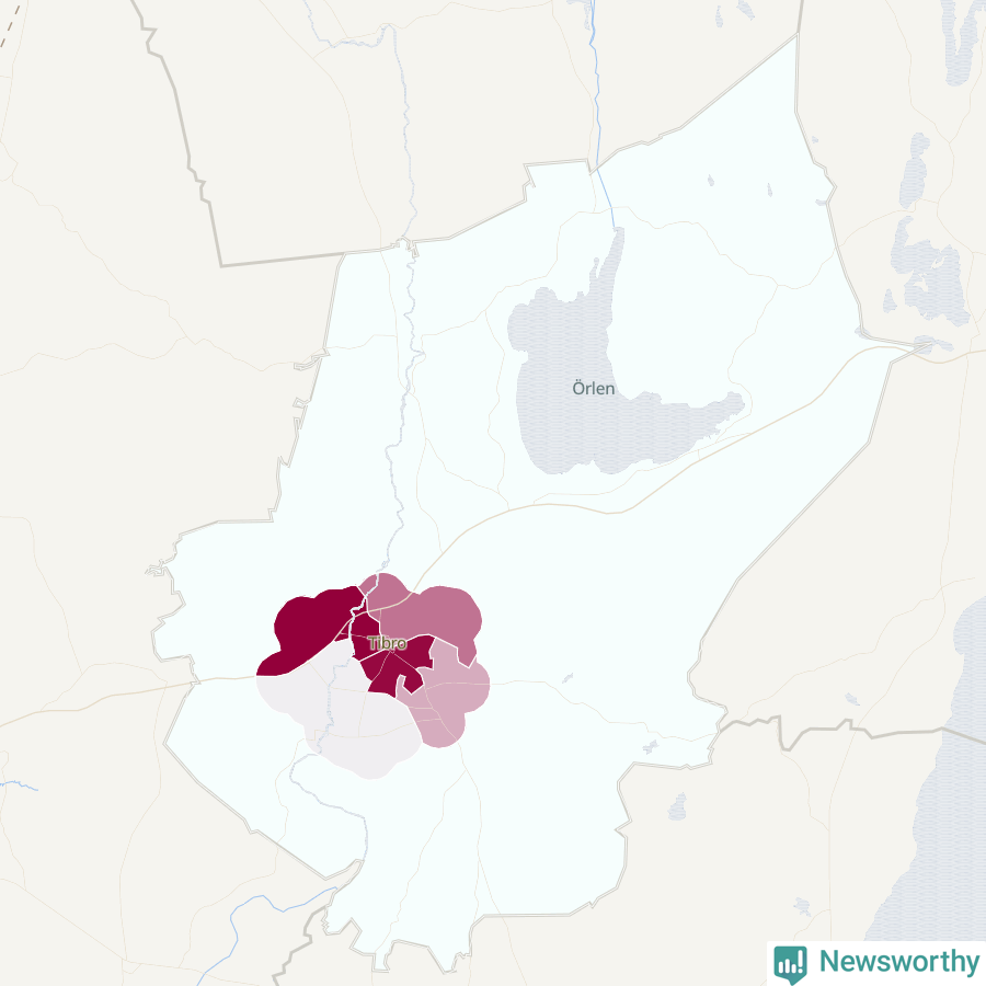 Karta som visar antalet cykelstölder i olika delar av Tibro kommun, även i tabell nedan