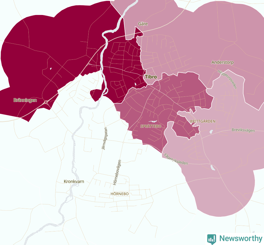 Karta som visar antalet cykelstölder i olika delar av Tibro, se tabell ovan