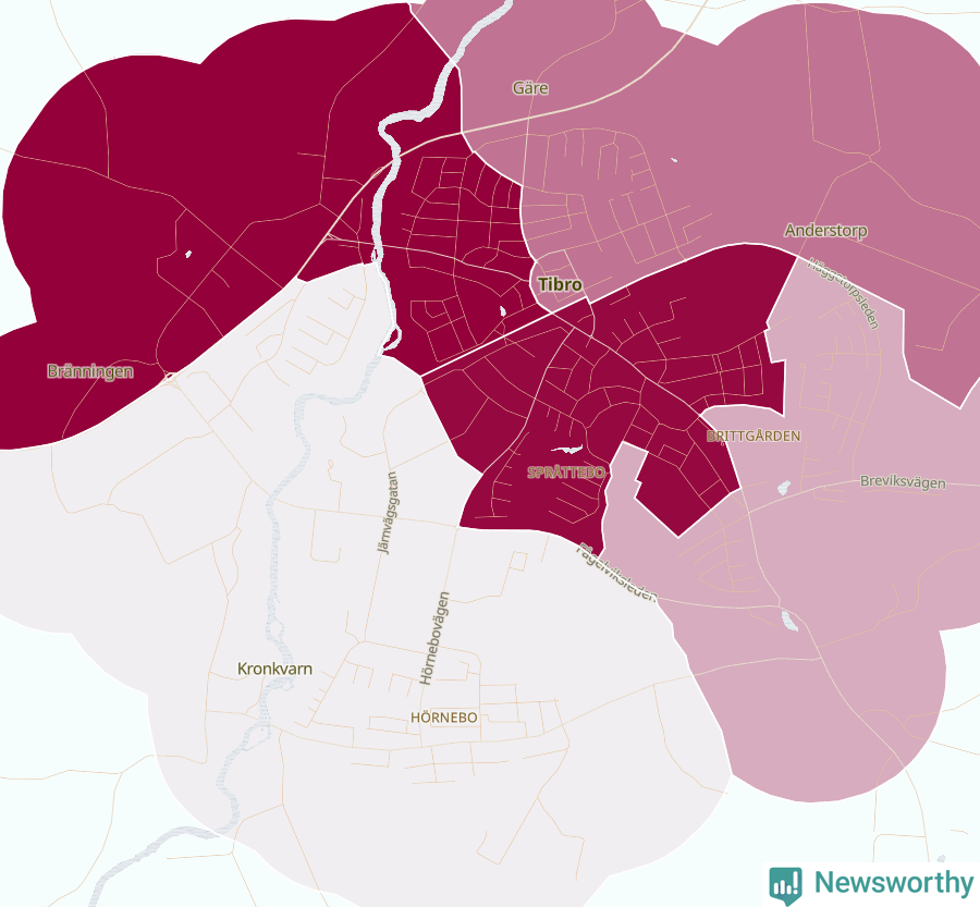 Karta som visar antalet cykelstölder i olika delar av Tibro, se tabell ovan