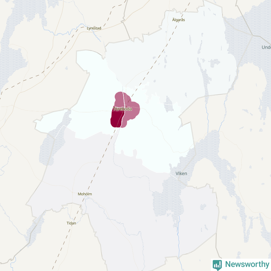 Karta som visar antalet cykelstölder i olika delar av Töreboda kommun, även i tabell nedan