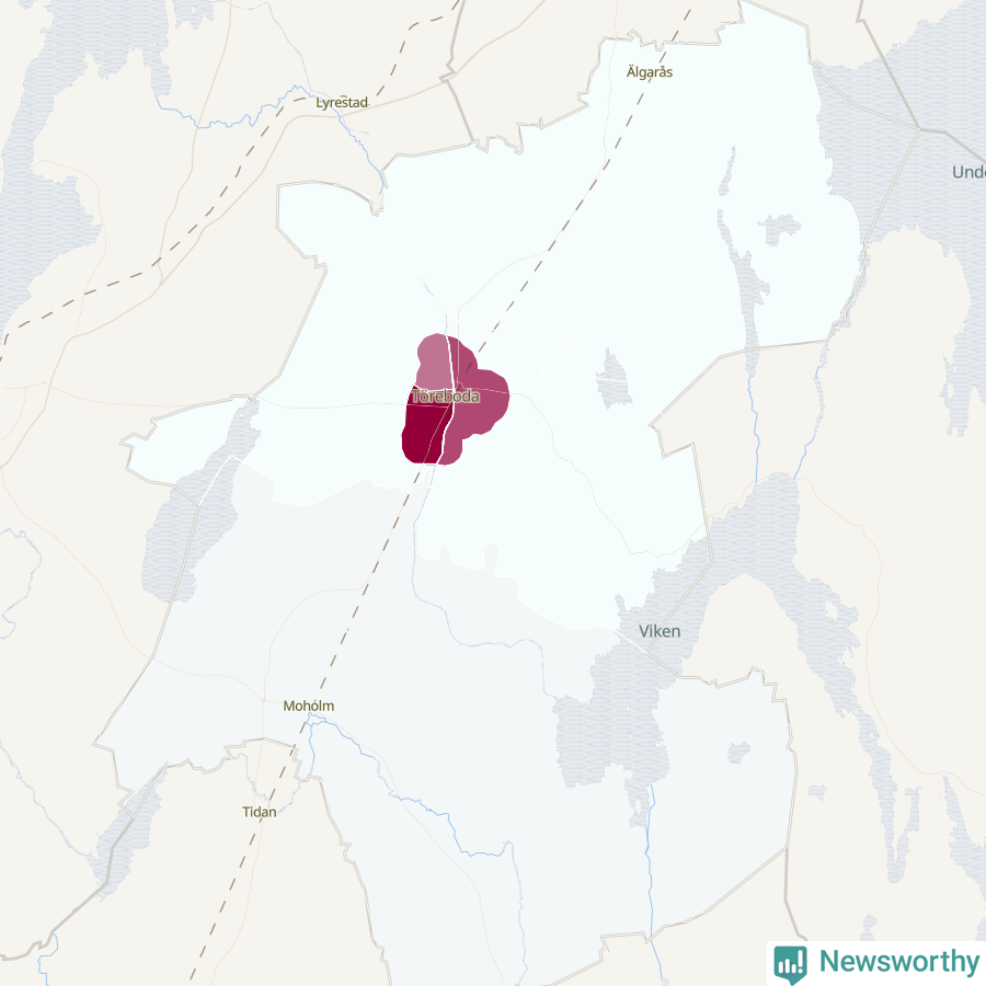 Karta som visar antalet cykelstölder i olika delar av Töreboda kommun, även i tabell nedan