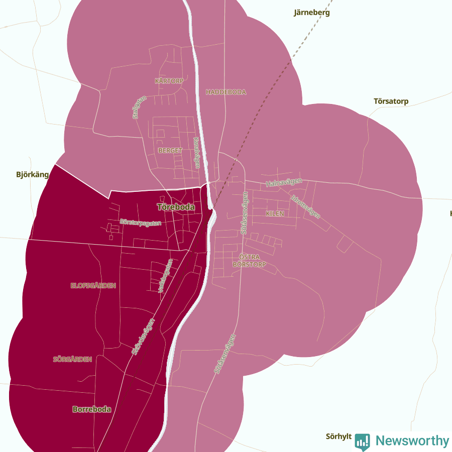 Karta som visar antalet cykelstölder i olika delar av Töreboda, se tabell ovan