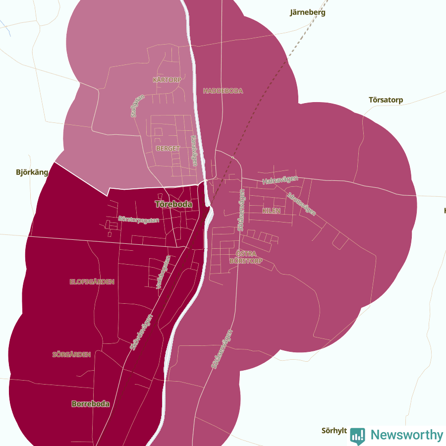 Karta som visar antalet cykelstölder i olika delar av Töreboda, se tabell ovan