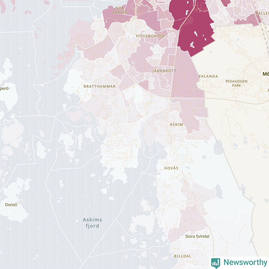 Karta som visar antalet cykelstölder i olika delar av Askim–Frölunda–Högsbo, se tabell ovan