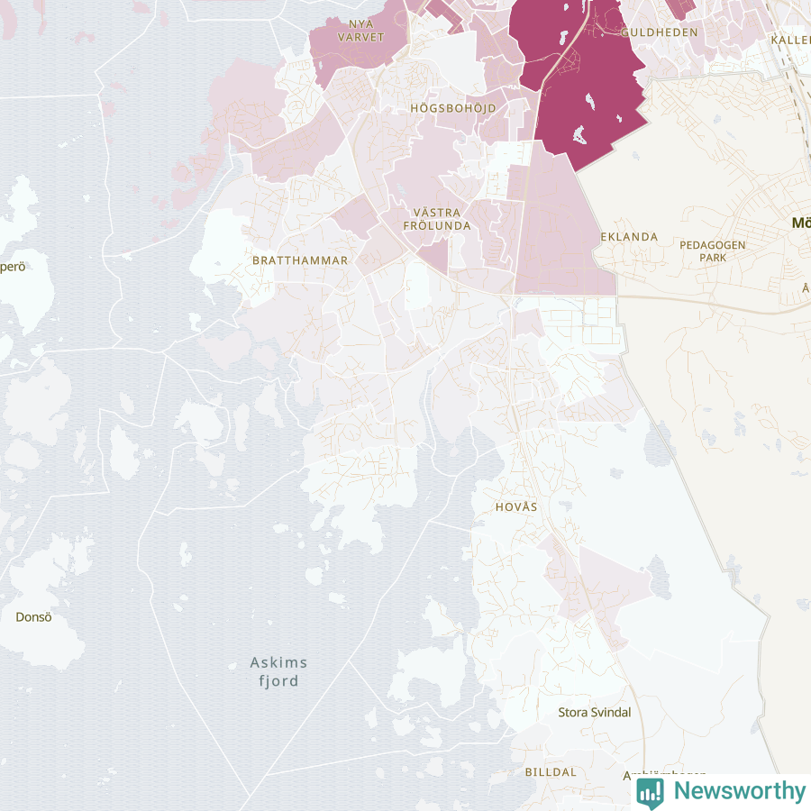Karta som visar antalet cykelstölder i olika delar av Askim–Frölunda–Högsbo, se tabell ovan