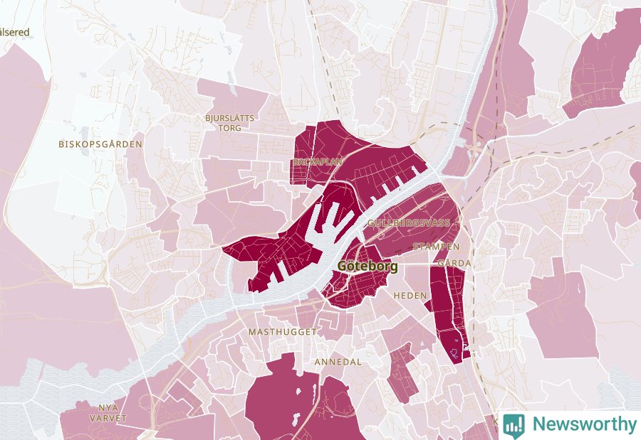 Karta som visar antalet cykelstölder i olika delar av Centrala Göteborg, se tabell ovan