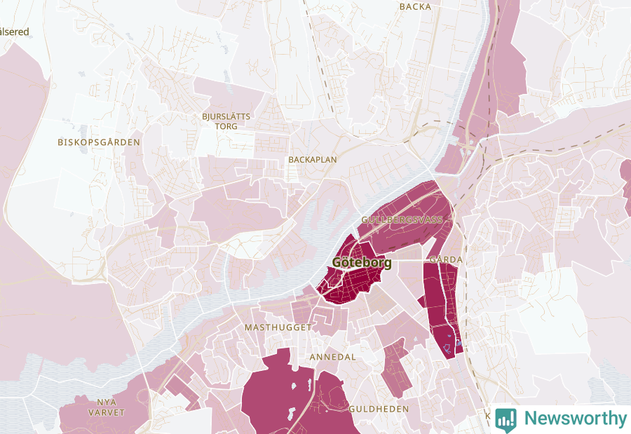 Karta som visar antalet cykelstölder i olika delar av Centrala Göteborg, se tabell ovan