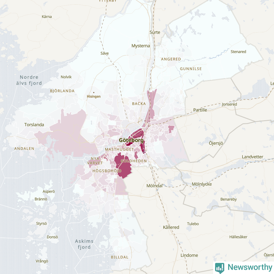 Karta som visar antalet cykelstölder i olika delar av Göteborgs kommun, även i tabell nedan