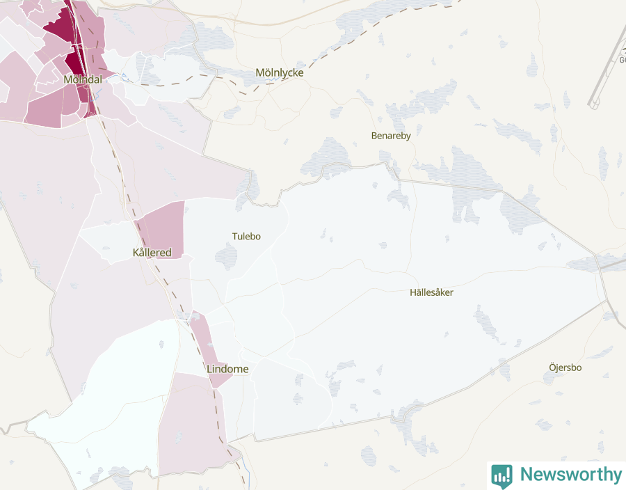 Karta som visar antalet cykelstölder i olika delar av Mölndals kommun, även i tabell nedan