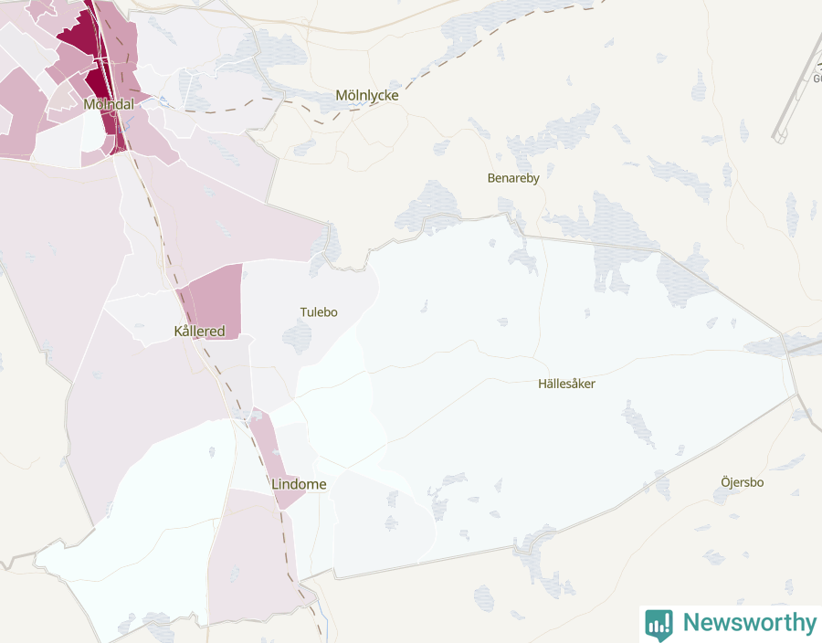 Karta som visar antalet cykelstölder i olika delar av Mölndals kommun, även i tabell nedan