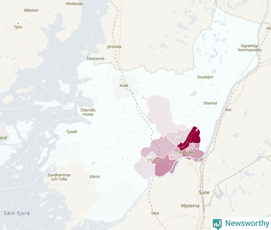 Karta som visar antalet cykelstölder i olika delar av Kungälvs kommun, även i tabell nedan