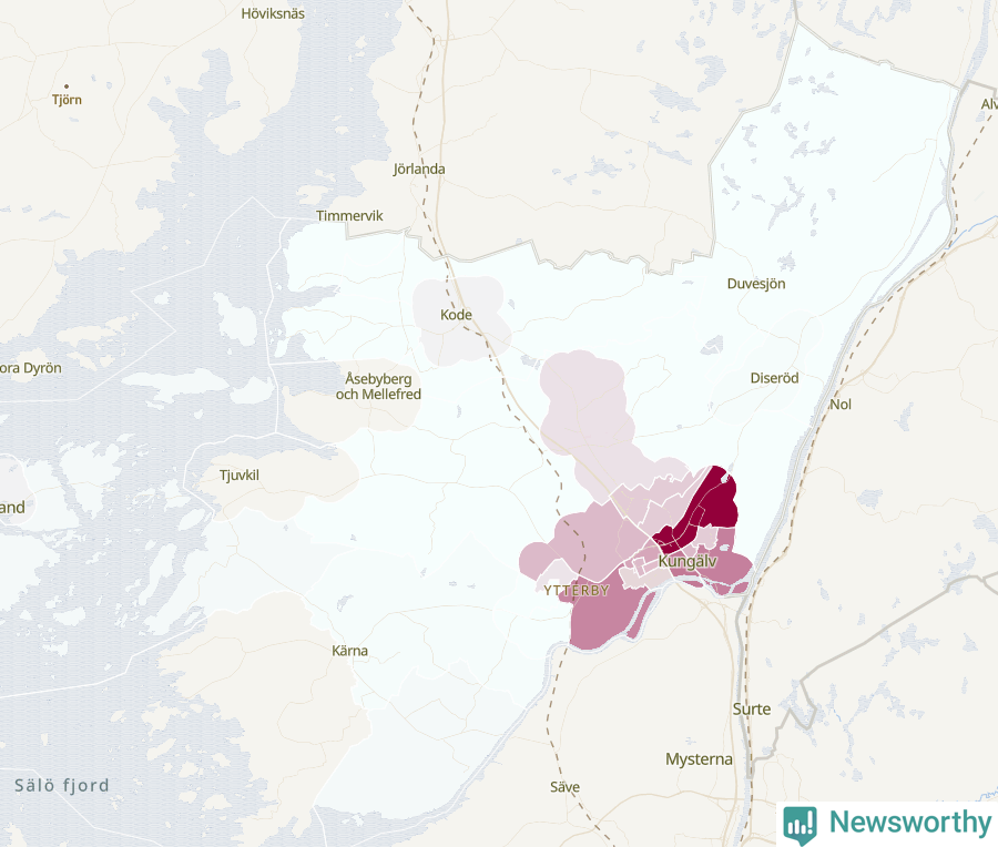 Karta som visar antalet cykelstölder i olika delar av Kungälvs kommun, även i tabell nedan