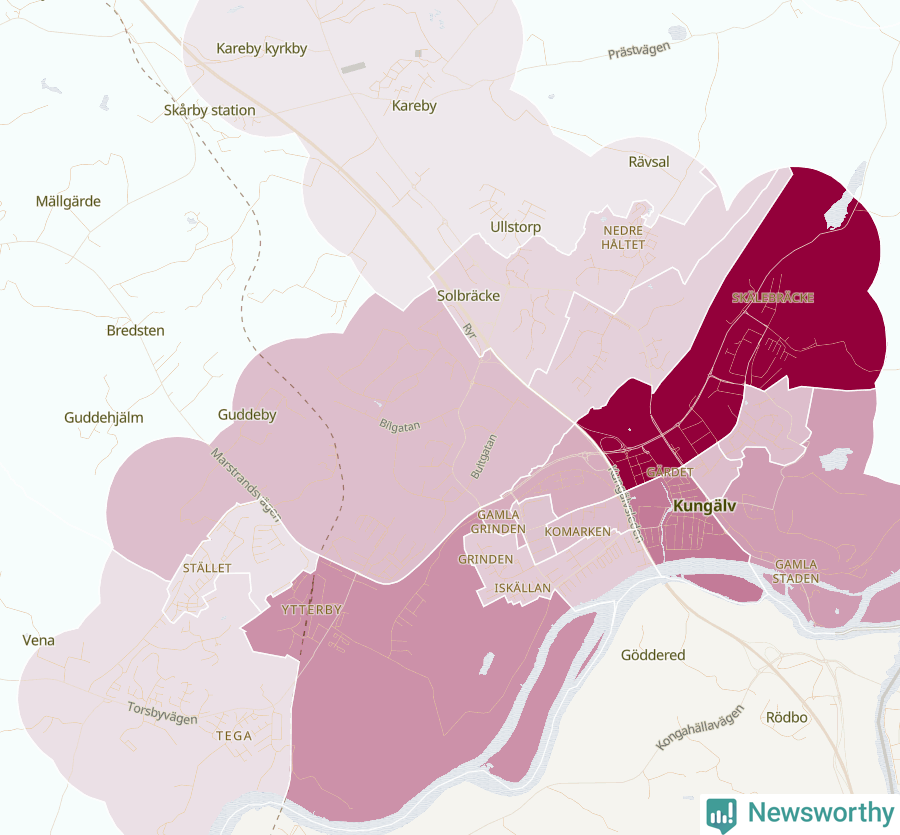 Karta som visar antalet cykelstölder i olika delar av Kungälv, se tabell ovan