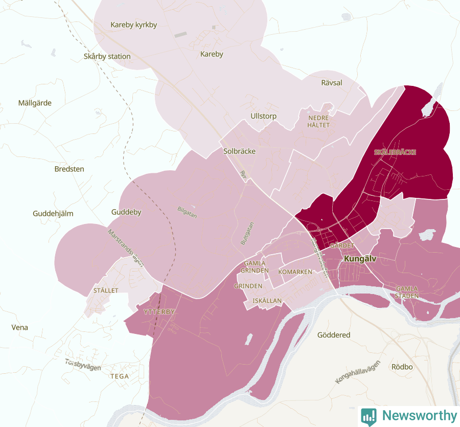 Karta som visar antalet cykelstölder i olika delar av Kungälv, se tabell ovan