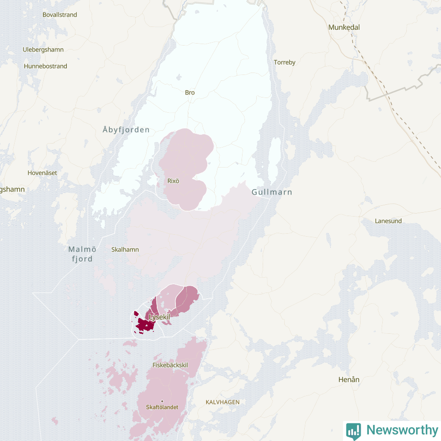 Karta som visar antalet cykelstölder i olika delar av Lysekils kommun, även i tabell nedan