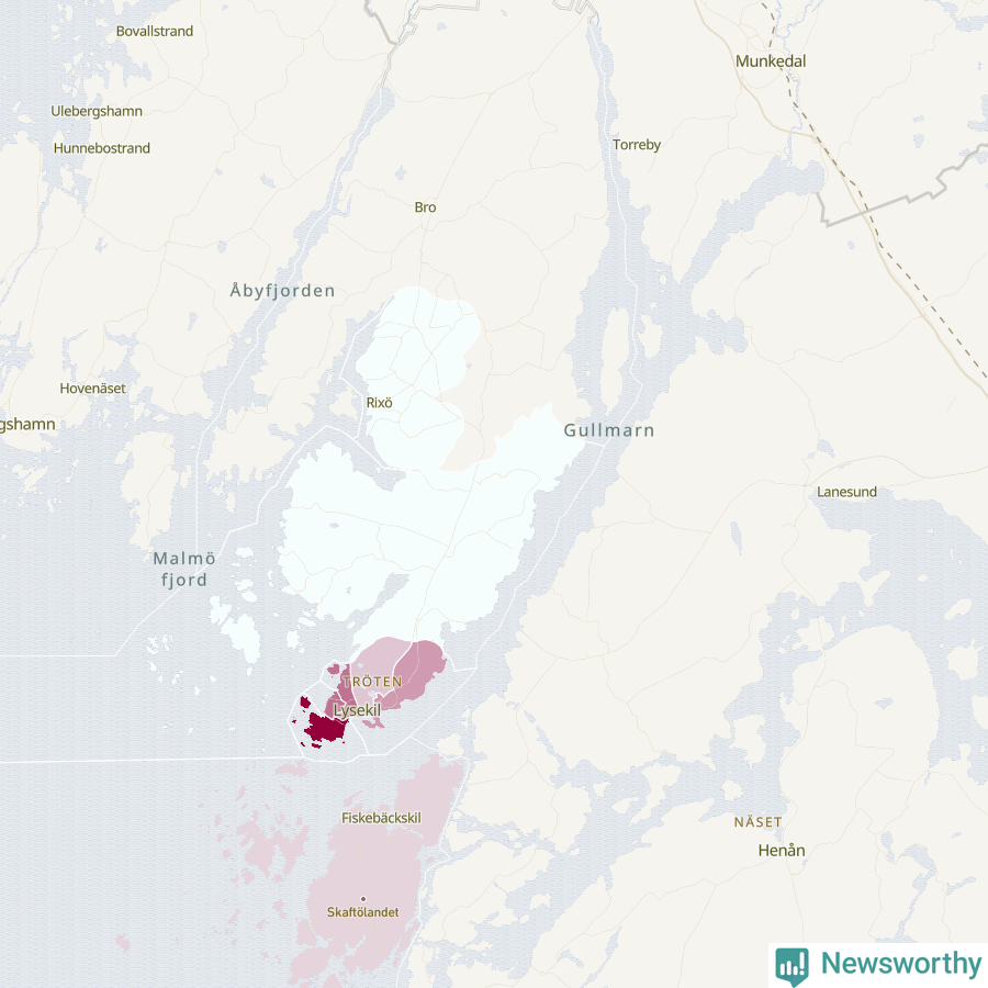 Karta som visar antalet cykelstölder i olika delar av Lysekils kommun, även i tabell nedan