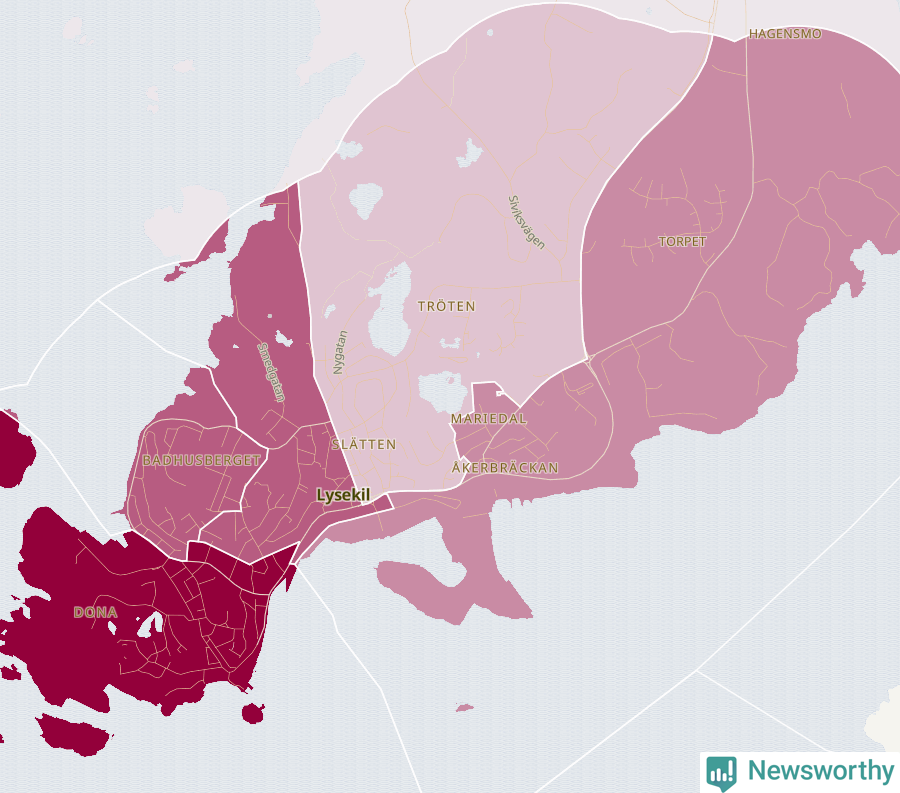 Karta som visar antalet cykelstölder i olika delar av Lysekil, se tabell ovan