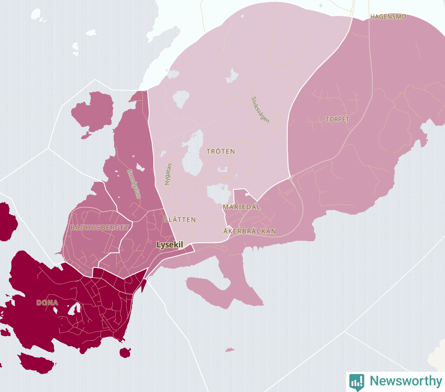 Karta som visar antalet cykelstölder i olika delar av Lysekil, se tabell ovan