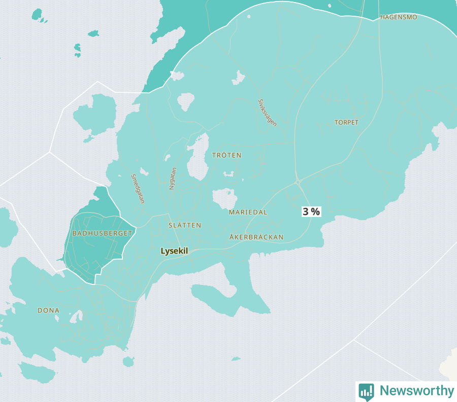 Karta över andel av befolkningen är mellan 0 och 4 år per område i Lysekil 2024.