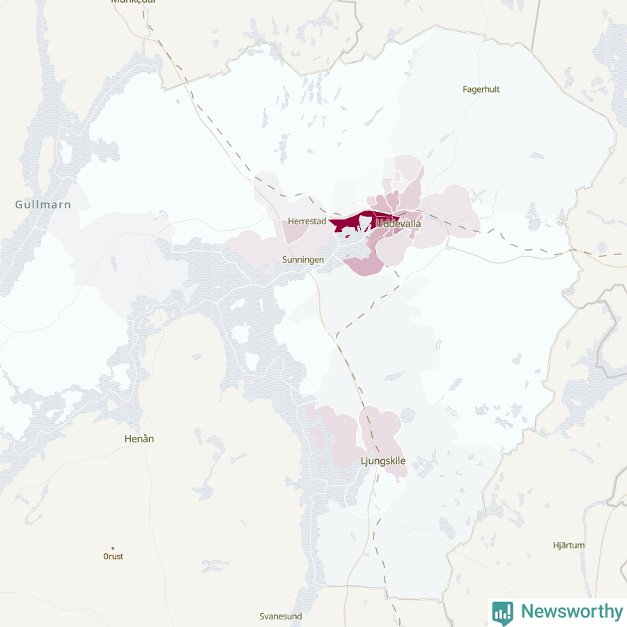 Karta som visar antalet cykelstölder i olika delar av Uddevalla kommun, även i tabell nedan