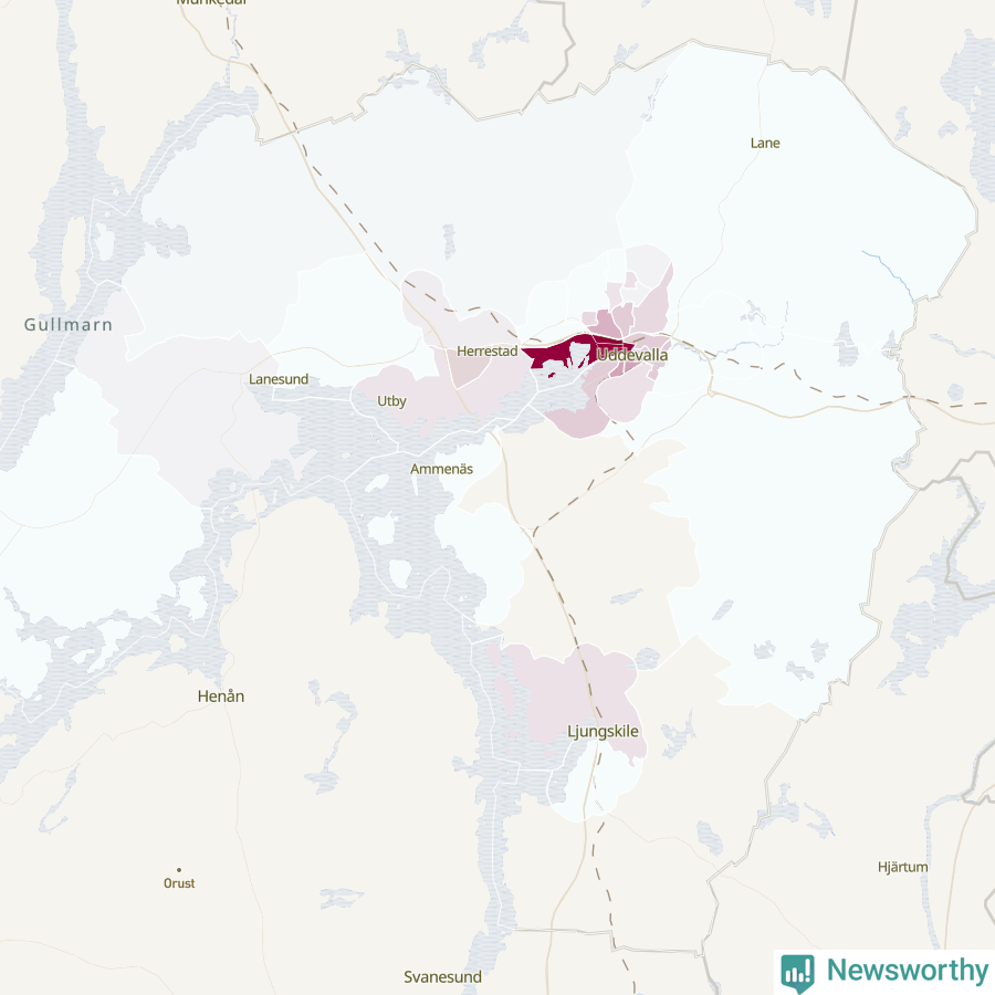 Karta som visar antalet cykelstölder i olika delar av Uddevalla kommun, även i tabell nedan
