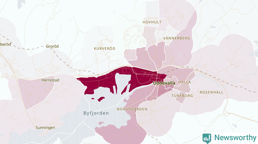 Karta som visar antalet cykelstölder i olika delar av Uddevalla, se tabell ovan