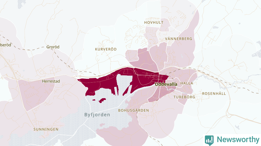 Karta som visar antalet cykelstölder i olika delar av Uddevalla, se tabell ovan