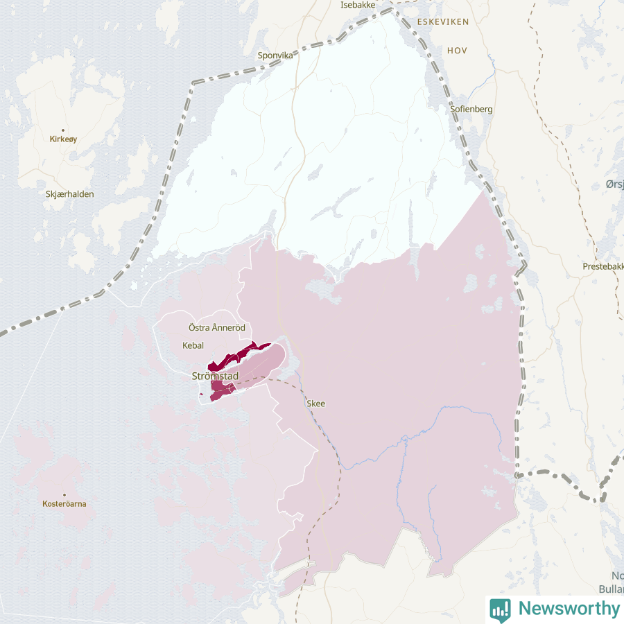 Karta som visar antalet cykelstölder i olika delar av Strömstads kommun, även i tabell nedan