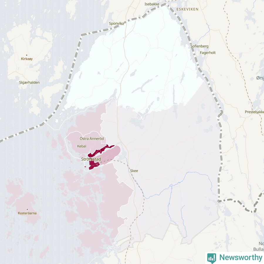 Karta som visar antalet cykelstölder i olika delar av Strömstads kommun, även i tabell nedan
