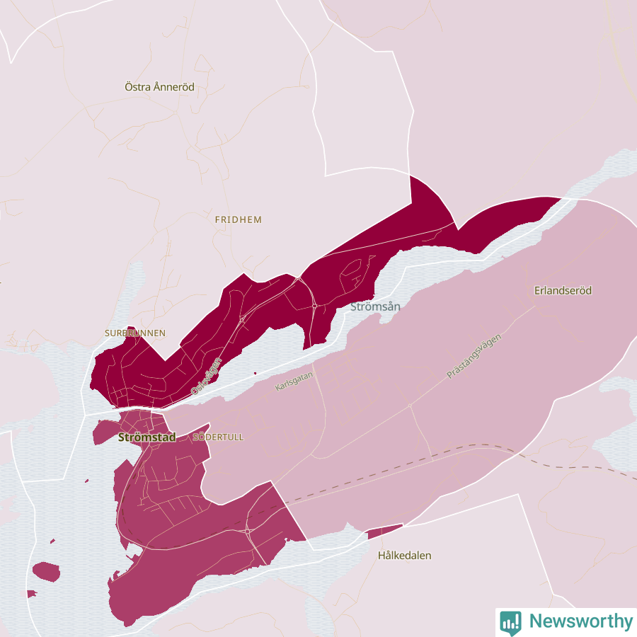 Karta som visar antalet cykelstölder i olika delar av Strömstad, se tabell ovan
