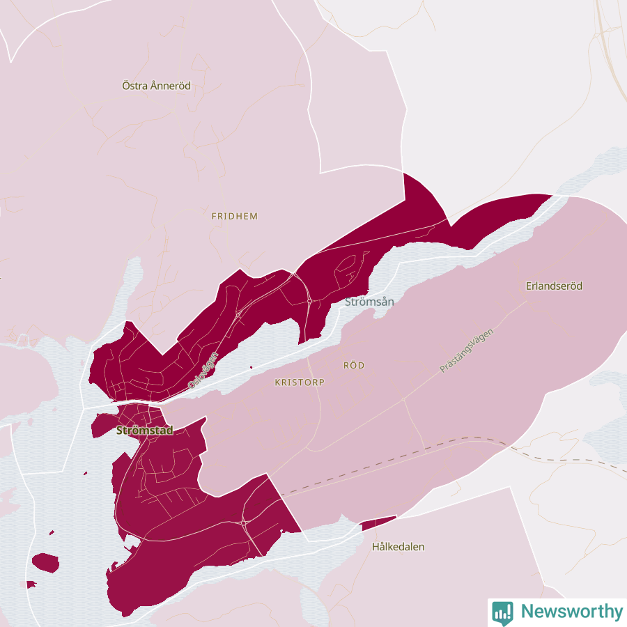 Karta som visar antalet cykelstölder i olika delar av Strömstad, se tabell ovan