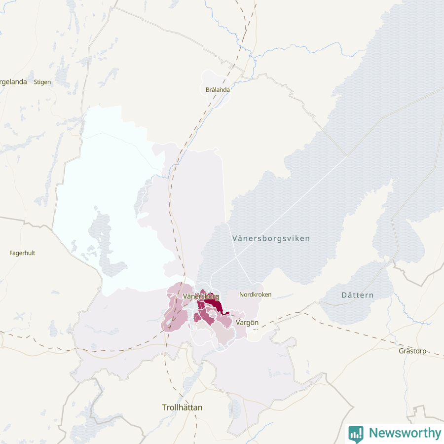 Karta som visar antalet cykelstölder i olika delar av Vänersborgs kommun, även i tabell nedan