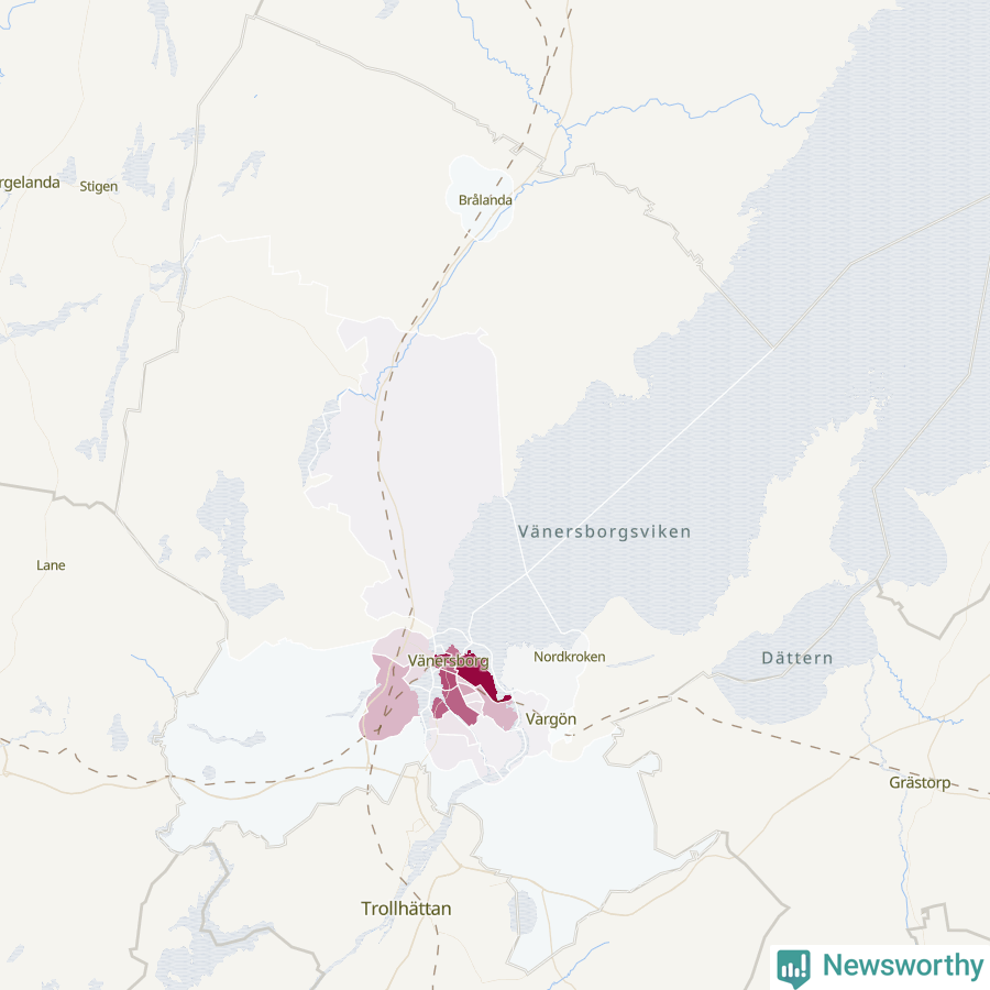 Karta som visar antalet cykelstölder i olika delar av Vänersborgs kommun, även i tabell nedan