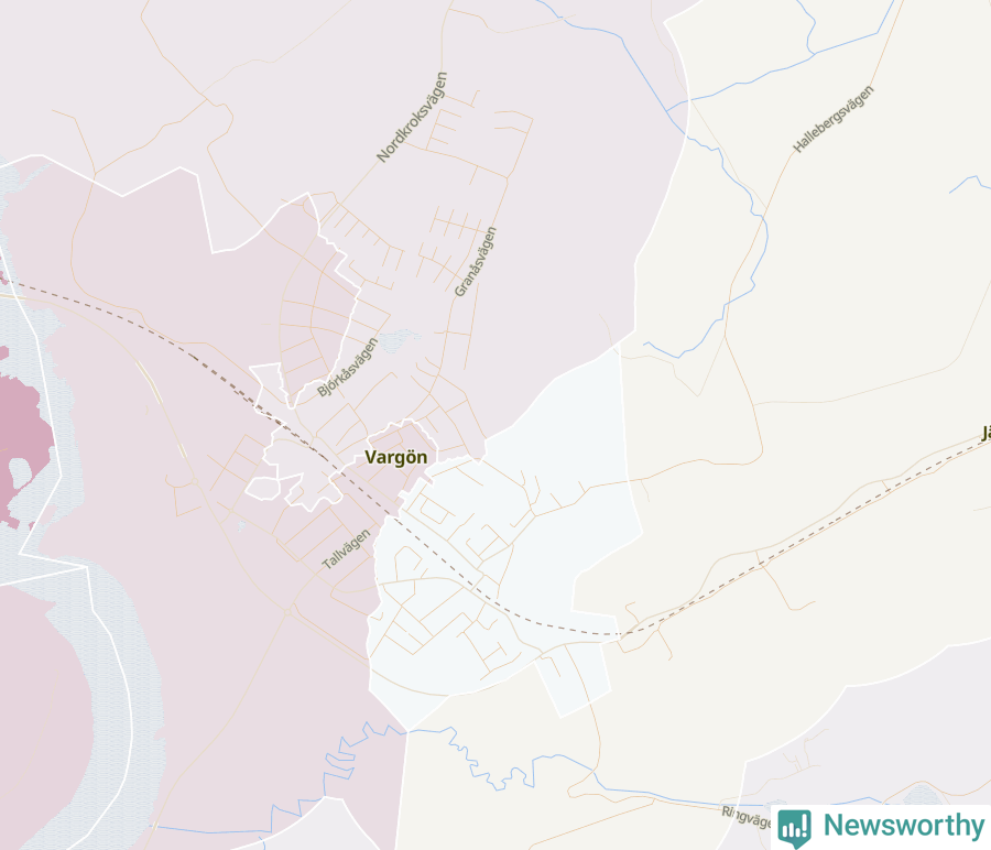 Karta som visar antalet cykelstölder i olika delar av Vargön, se tabell ovan