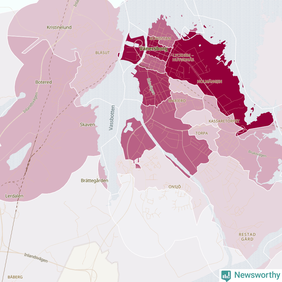 Karta som visar antalet cykelstölder i olika delar av Vänersborg, se tabell ovan