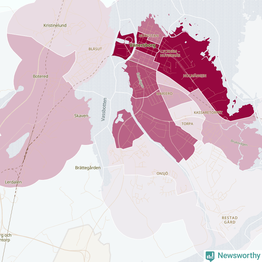 Karta som visar antalet cykelstölder i olika delar av Vänersborg, se tabell ovan