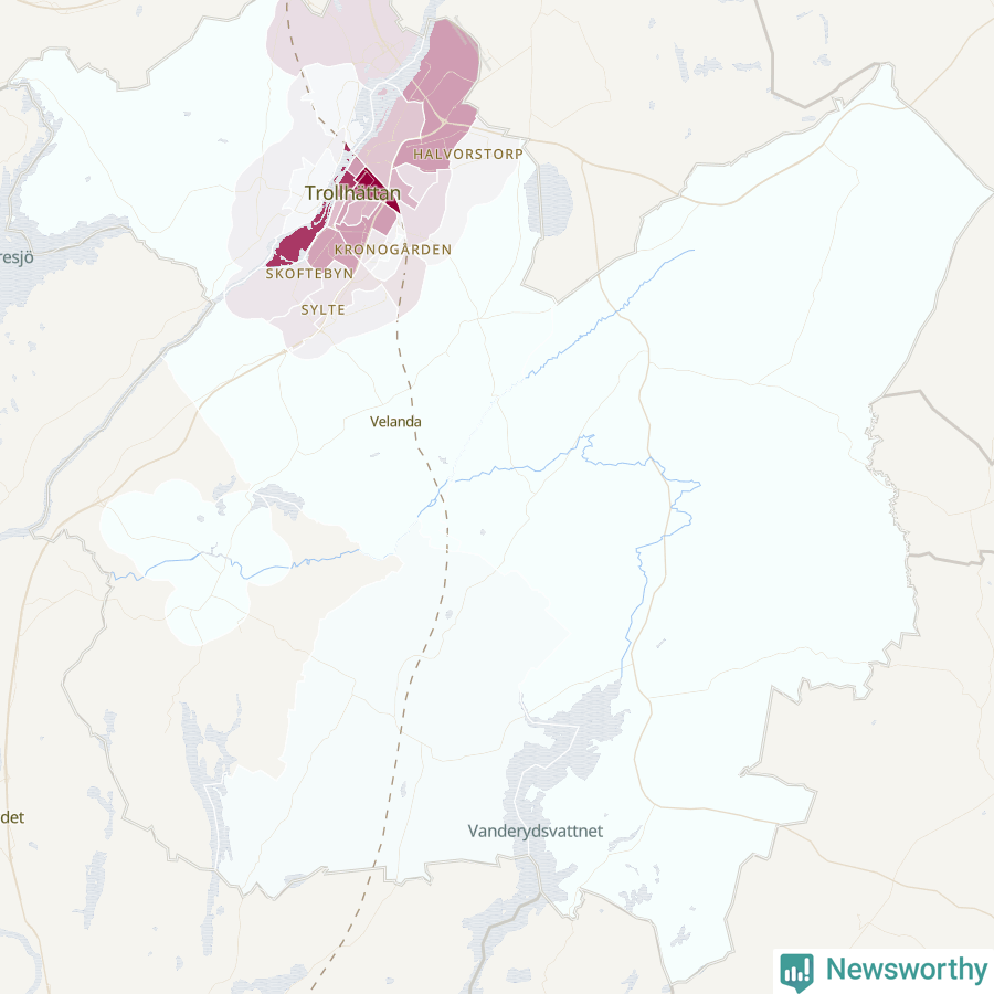 Karta som visar antalet cykelstölder i olika delar av Trollhättans kommun, även i tabell nedan