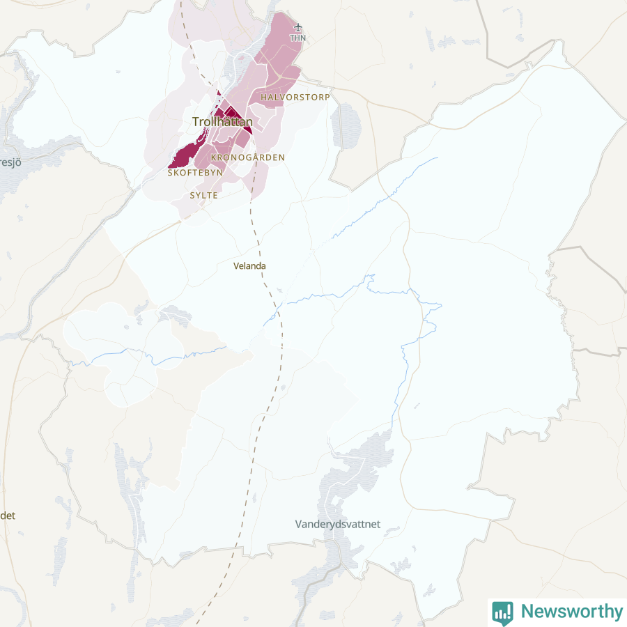 Karta som visar antalet cykelstölder i olika delar av Trollhättans kommun, även i tabell nedan