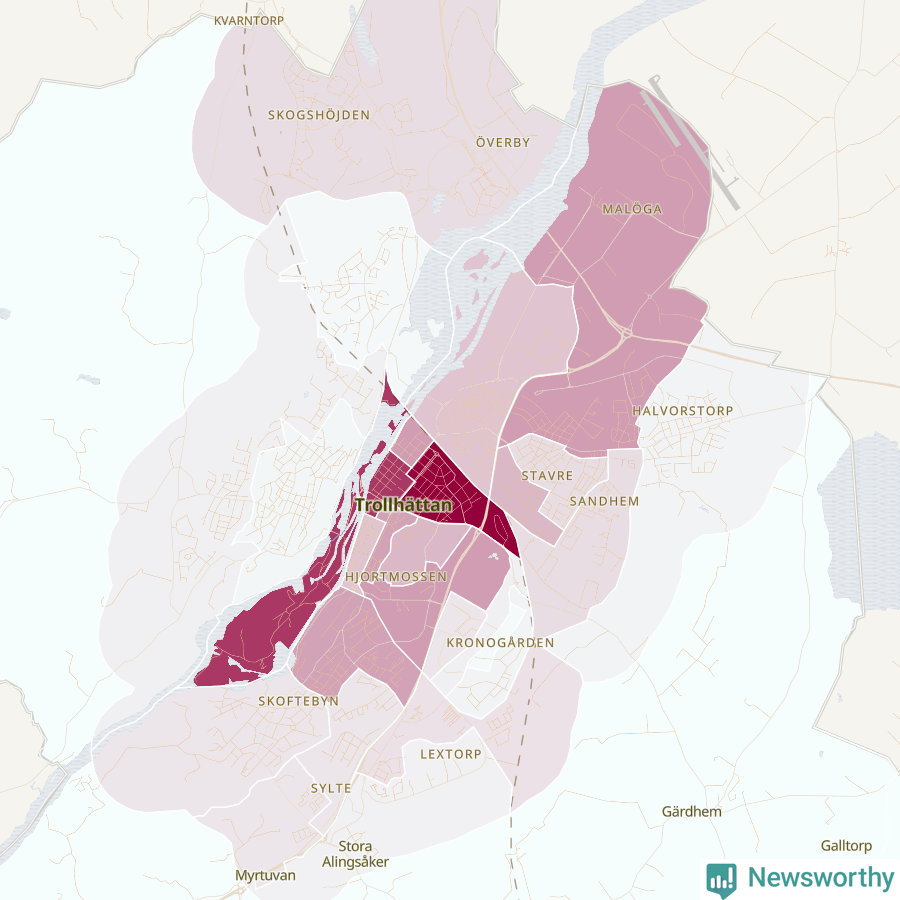 Karta som visar antalet cykelstölder i olika delar av Trollhättan, se tabell ovan