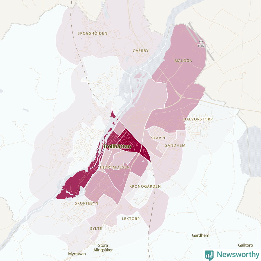Karta som visar antalet cykelstölder i olika delar av Trollhättan, se tabell ovan